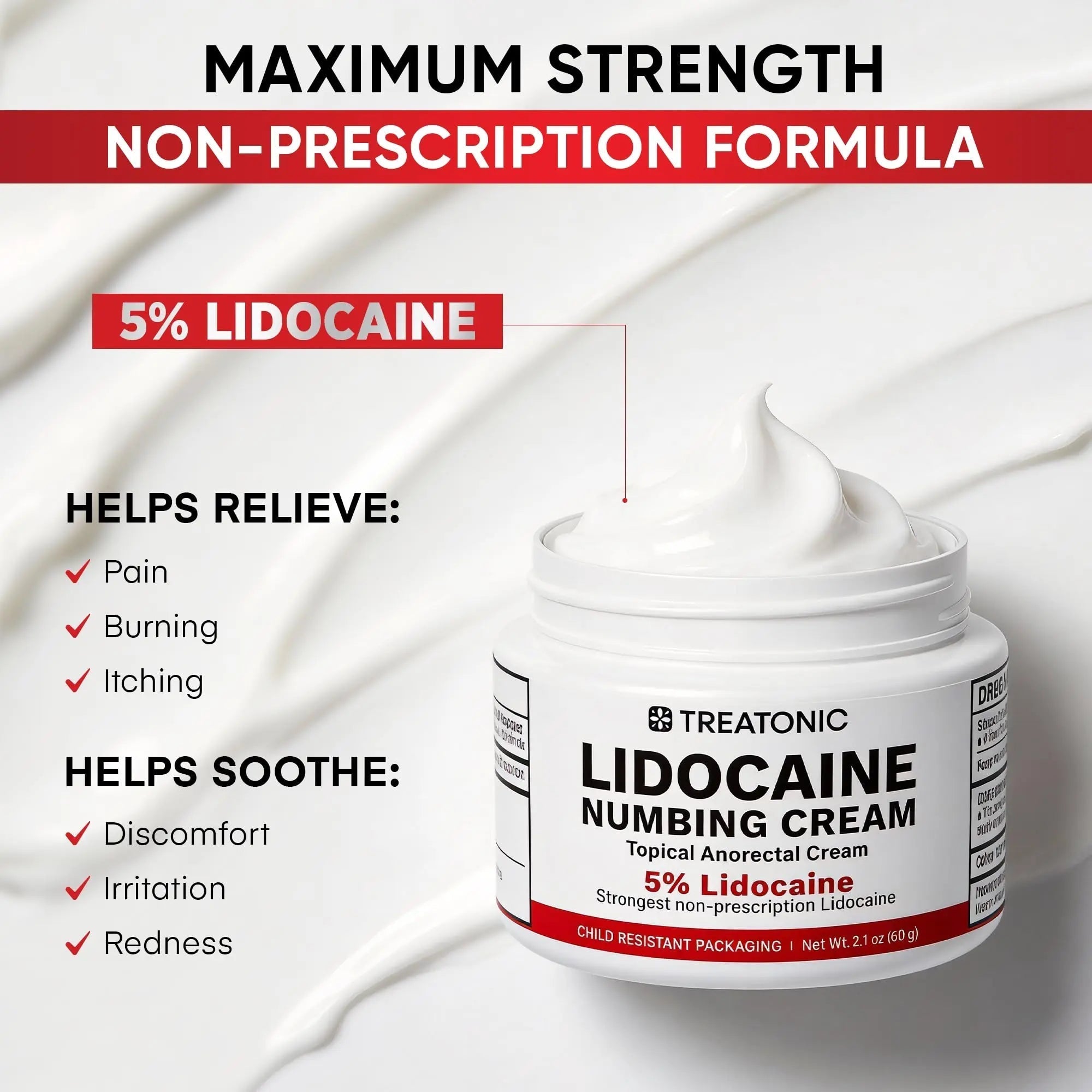 5% Lidocaine Topical Numbing Cream: Maximum Strength Topical Anesthetic Numb Cream for Pain Relief, Itching, Burning, Soreness, Hemorrhoid - Fast Acting & Long Lasting Numbing Formulation - 2.1 oz - TrustMedUSA