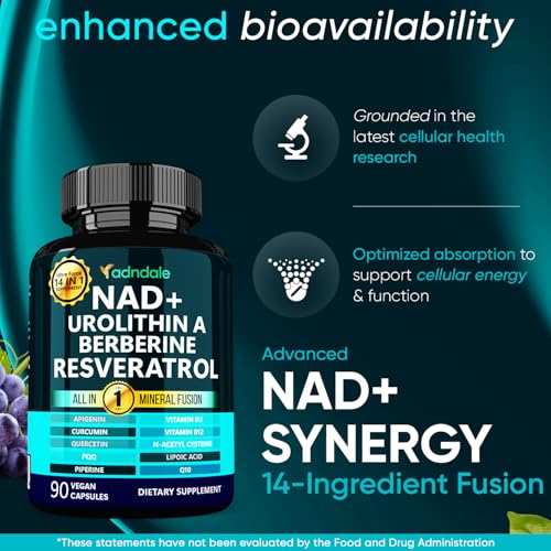 Adndale NAD Supplement. Longevity Formula with Liposomal NAD+, Trans Resveratrol, Urolithin-A, Berberine, CoQ10. NMN Supplement Alternative. 90 Count Adndale Au supplements