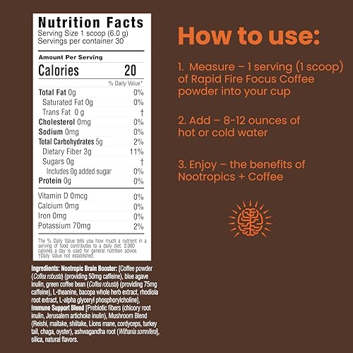 Focus Coffee Mushroom Blend, Nootropic Complex Coffee, Supports Alertness and Clarity, (Lion’s Mane, Cordyceps, Turkey Tail) Green Coffee Bean Instant Coffee for Focus & Gut Health, 30 Servings Rapid Fire Au supplements