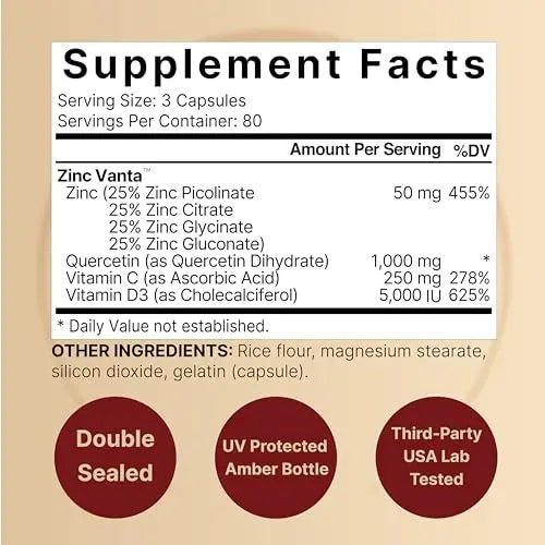 NatureBell Zinc Quercetin with Vitamin C & D3, 240 Capsules | Quercetin 1,000mg, 4 in 1 Zinc 50mg, Vitamin C 250mg, Vitamin D3 5,000 IU – ZincVanta Advanced Immune Defense & Lung Support NatureBell Au supplements