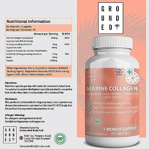 Hydrolysed Marine Collagen 700mg with Hyaluronic Acid, Vitamin C, Vitamin E, Copper & Biotin G R O U N D E D COFFEE SCRUB Au supplements