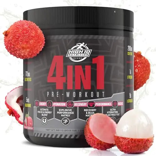 High IQ Nutrition 4 in 1 Lychee Flavored Pre Workout Powder 200mg Caffeine | Energy, Focus High IQ Nutrition Au supplements