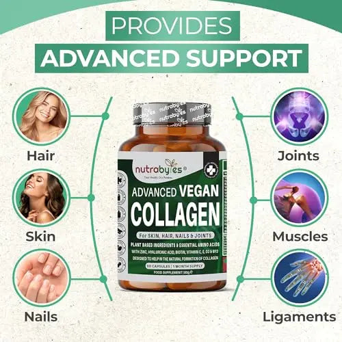 Vegan Collagen Supplement For Skin, Hair, Nails, Joints & Bones with Hyaluronic Acid, Biotin, Lysine, Bamboo Silica, Zinc, Vitamin C, D3, B12, E NUTRABYTES Au supplements