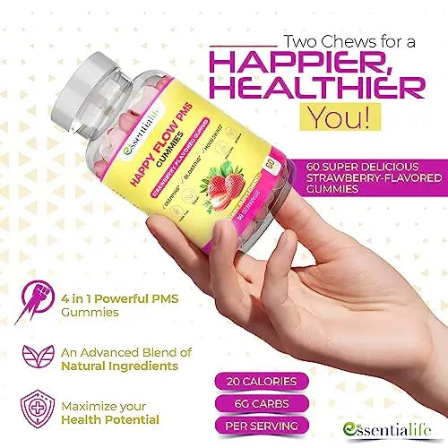 Happy Flow Strawberry-Flavor Chewable PMS Gummies | Hormone Balance Chasteberry Essentialife Au supplements