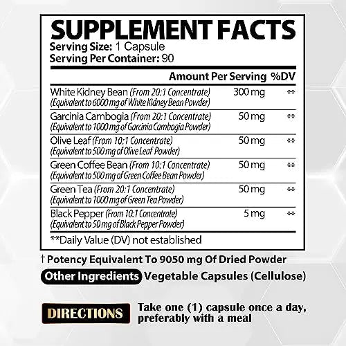 Pure White Kidney Bean Extract Capsules - 6 Herbal Ingredients 9050 mg Equivalent Satoomi Au supplements