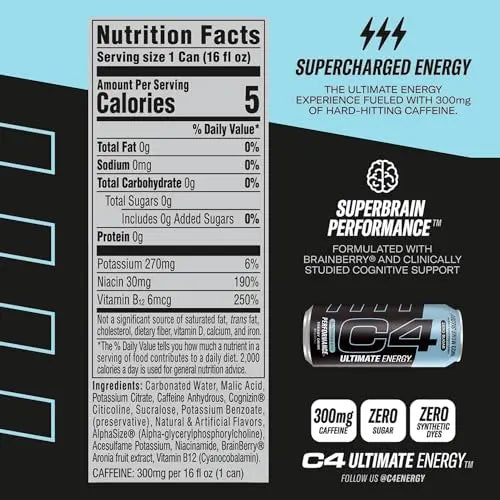 C4 Ultimate Sugar Free Energy Drink 16oz (Pack of 12) | Arctic Snow Cone | Pre Workout Cellucor Au supplements