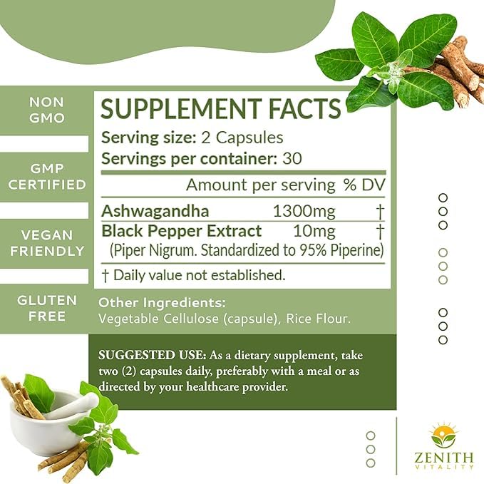 Zenith Vitality Ashwagandha 1300mg Capsules – Stress Relief & Cortisol Support, Immune & Energy Boost, Mental Clarity, Herbal Adaptogen Supplement – 60 Count Zenith Vitality Au supplements