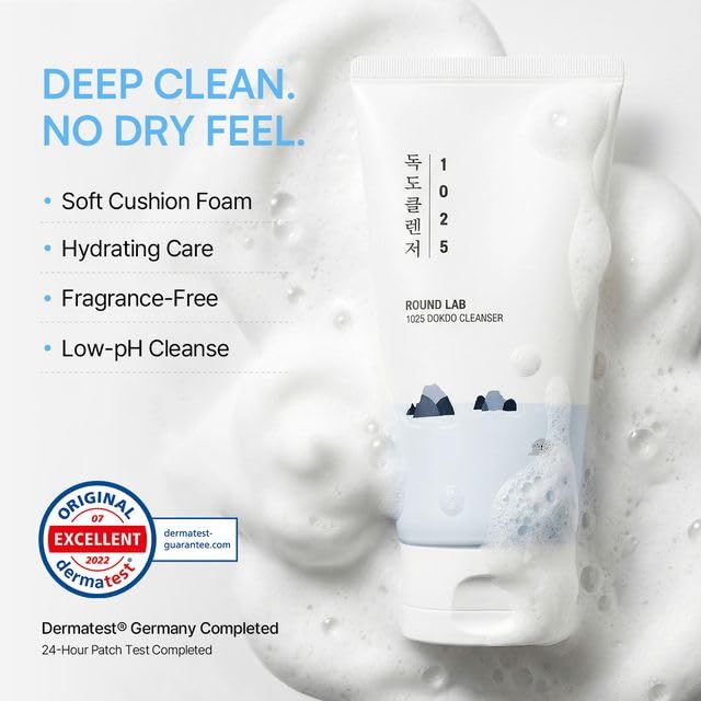 ROUND LAB 1025 Dokdo Cleanser 5.07 Fl Oz, Low pH Facial Cleanser for Sensitive Skin, Rich Soft Bubbles for Deep Cleansing and Makeup Removal
