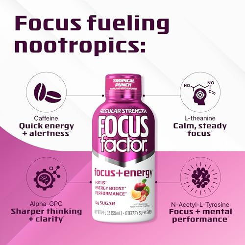 Focus Factor Focus + Energy Shots - 12 x 2oz Bottles (Tropical Punch Flavor) - Powered by Nootropics with Caffeine, L-Theanine, Ginkgo, Bacopa, L-Tyrosine, Alpha GPC Focus Factor Au supplements