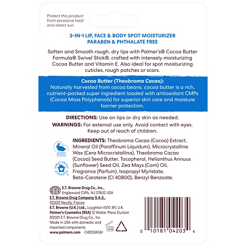 Palmer's Cocoa Butter Formula Moisturizing Swivel Stick with Vitamin E, Lip Balm for Valentine's Day, Face & Body Moisturizer Stick