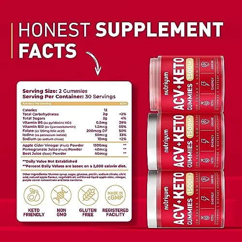 Keto ACV Gummies 1500 mg - Gelatin-Free Apple Cider Vinegar Gummies - Low Carbs Pectin XELAR Au supplements