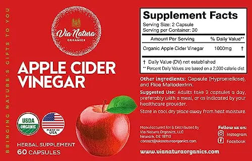 Via Natura Organics Apple Cider Vinegar Capsules 1000mg | Organic Herbal Supplement Via Natura Organics Au supplements