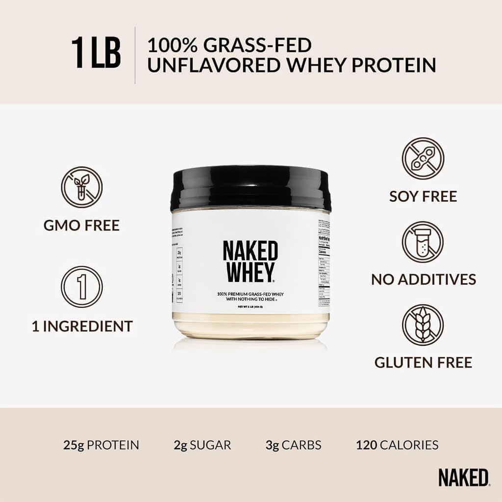NAKED Whey 1Lb - Only 1 Ingredient, Grass Fed Whey Protein Powder, NSF Certified, Undenatured, No Gmos, No Soy, Gluten Free