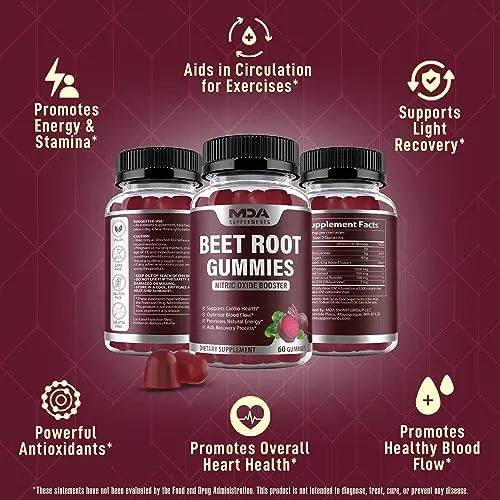 Beet Root Gummies with CoQ10, Energy, and Circulation Support, Pre Workout Nitric Oxide MDA Supplements Au supplements