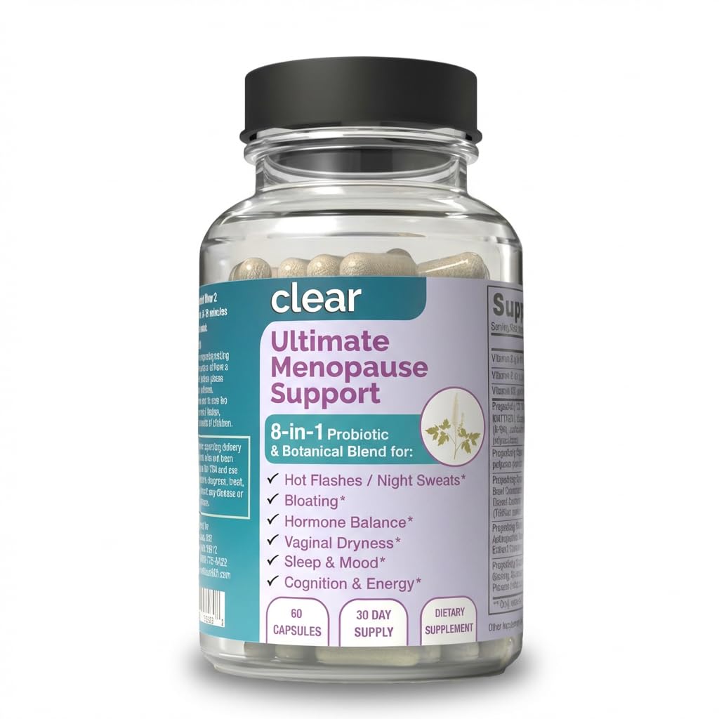 Clear Menopause Support for Women | 25-in-1 Formula with Black Cohosh, Dong Quai, Pre & Probiotics | Hot Flashes, Night Sweats, Mood, Sleep & Digestion | Hormone-Free | Made in USA | 60 Capsules Clear Probiotics Au supplements