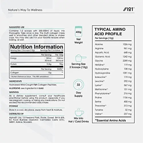 Marine Collagen Powder Supplement - 400g - Wild-Caught Canadian Marine Collagen - Unflavoured - Types 1 & 3 Hydrolysed Collagen ALPHA01 Au supplements
