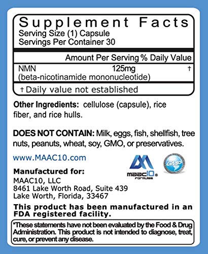 MAAC10 NMN Supplement Real Nicotinamide Mononucleotide (NMN 125mg Capsules). The Most Powerful NAD+ Precursor More Stable Than Riboside. We use 99% Pure Pharmaceutical Grade Stabilized NMN (30 Count) MAAC10 Au supplements