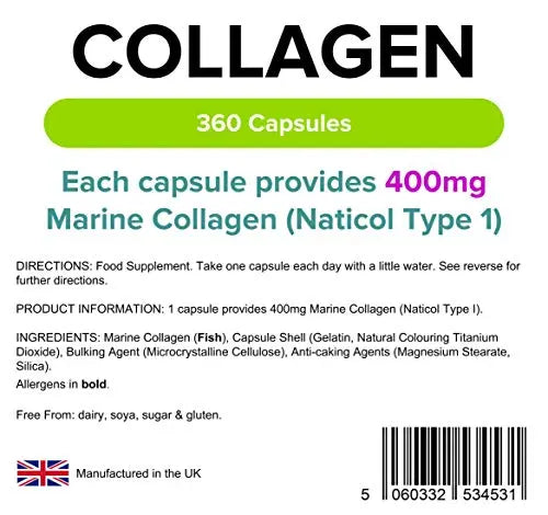 Lindens Collagen (Marine) 400mg Capsules 360 Pack - UK Manufacturer, Letterbox Friendly Lindens Au supplements