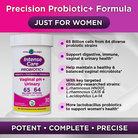 Vital Planet - Intense Care Vaginal pH & Urinary Probiotics for Women Plus Organic Prebiotics, Postbiotics, and Parabiotics, 65 Billion CFU and 64 Strains, Immune and Digestive Health 30 ct Vital Planet Au supplements