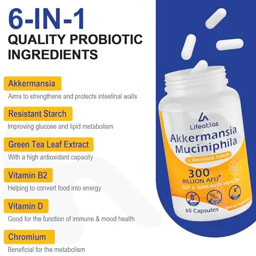 300 Billion AFU Akkermansia Muciniphila - Live Akkermansia Probiotics for Women & Men Lifeatlas Au supplements