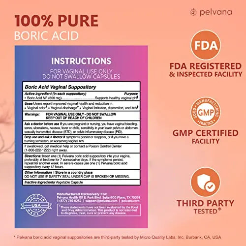 Pelvana Boric Acid Suppositories for Women 30 - for Vaginal pH Balance, Odor Control, Itching, & Discharge Pelvana Au supplements