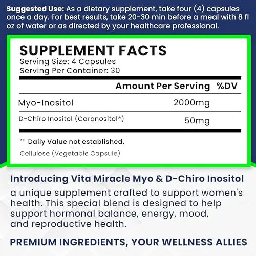 Inositol Supplement Myo-Inositol & D-Chiro Inositol 120 Capsules 2000mg 40:1 Ratio High Vita Miracle Au supplements