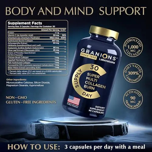 Thermogenic Hydrolyzed Collagen Burn - Hyaluronic Acid, Vitamin C, Multi Collagen Complex Granions Au supplements