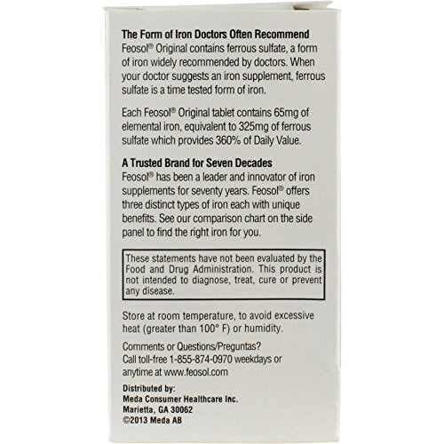 Feosol Original Iron Supplement Tablets, Non-heme, 65mg Iron per Pill, 1 Per Day, 120ct, 4 Month Supply, for Energy and Immune System Support, Made in USA