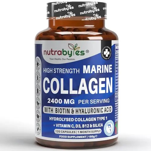 High Strength Marine Collagen 2400mg with Hyaluronic Acid 100mg, Biotin, Vitamin C, D3, B12 and Silica NUTRABYTES Au supplements