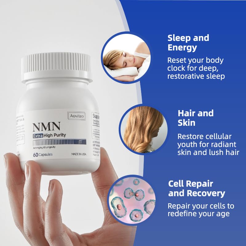 AOVITAO NMN Supplement 500mg Ultra Pure 99.8% | Stabilized Form | Supports NAD+ Production, Cellular Health & Healthy Aging | 60 Capsules AOVITAO Au supplements