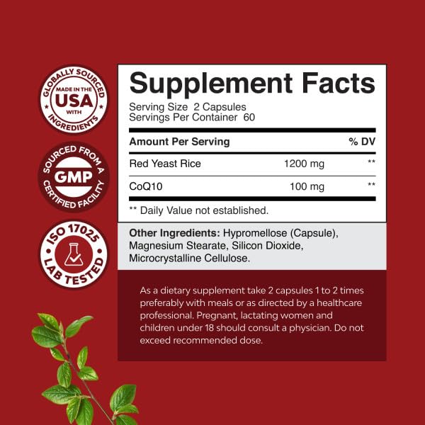 Natures Craft Red Yeast Rice with CoQ10 Supplement - Advanced Healthy Heart & Healthy Cholesterol Levels Formula for Men & Women - Red Yeast Rice Capsules with 1200 mg