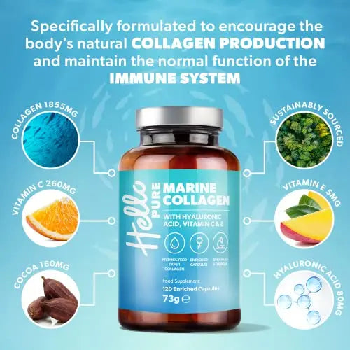 Marine Collagen Capsules - 1855mg - 120 Capsules - Enriched with Hyaluronic Acid & Vitamins C & E Hello Pure Au supplements