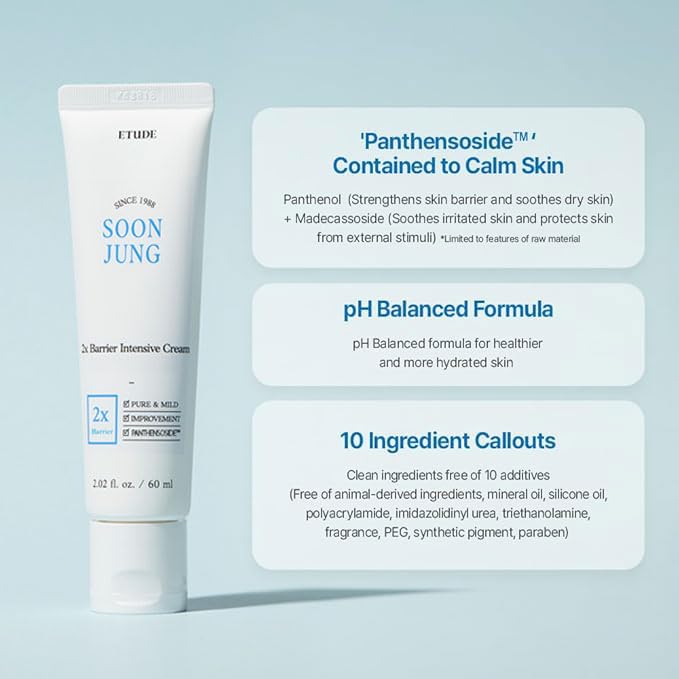 ETUDE SoonJung 2x Intensive Cream for Barrier Repair, Rich Moist, Madecassoside & Panthenol for Soothing, Face Moisturizer for Sensitive Skin