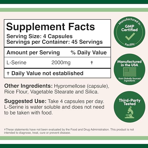 L-Serine Capsules (Third Party Tested) - 2,000mg Servings Used in Clinical Study, 180 Count, 500mg per Capsule (L Serine Amino Acid for Serotonin Production and Brain Support) by Double Wood Double Wood Supplements Au supplements