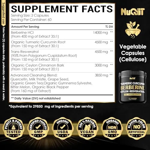 Berberine Supplement 14000mg Turmeric Curcumin 4500mg Trans-Resveratrol 4500mg Nuqiit Au supplements
