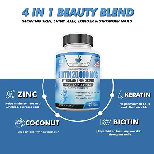 Biotin 20,000mcg with Keratin, Organic Coconut and Zinc, Hair Growth Supplements, Biotin American Standard Supplements Au supplements