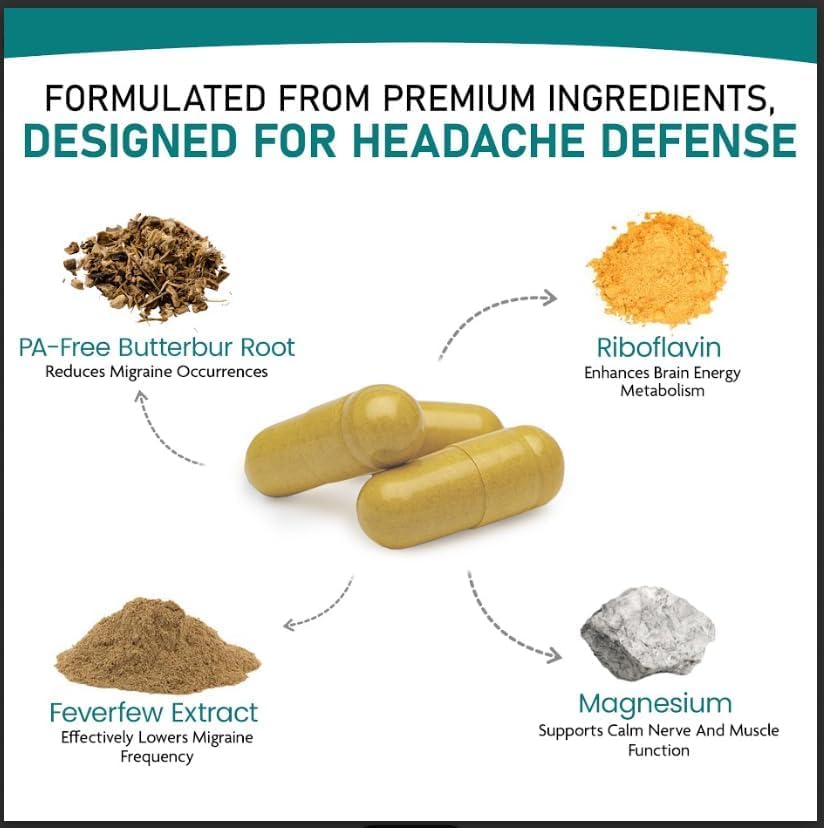 Nature's Nectar Migraine Prevention Feverfew Capsules – PA Free Butterbur Root, Riboflavin 400 mg, Magnesium & Feverfew – Natural Headache Relief & Migraine Supplement – 120 Capsules Nature's Nectar Au supplements