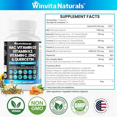 NAC Supplement N-Acetyl Cysteine 1000mg Vitamin C Vitamin D3 K2, Zinc, Turmeric Curcumin Winvita Naturals Au supplements