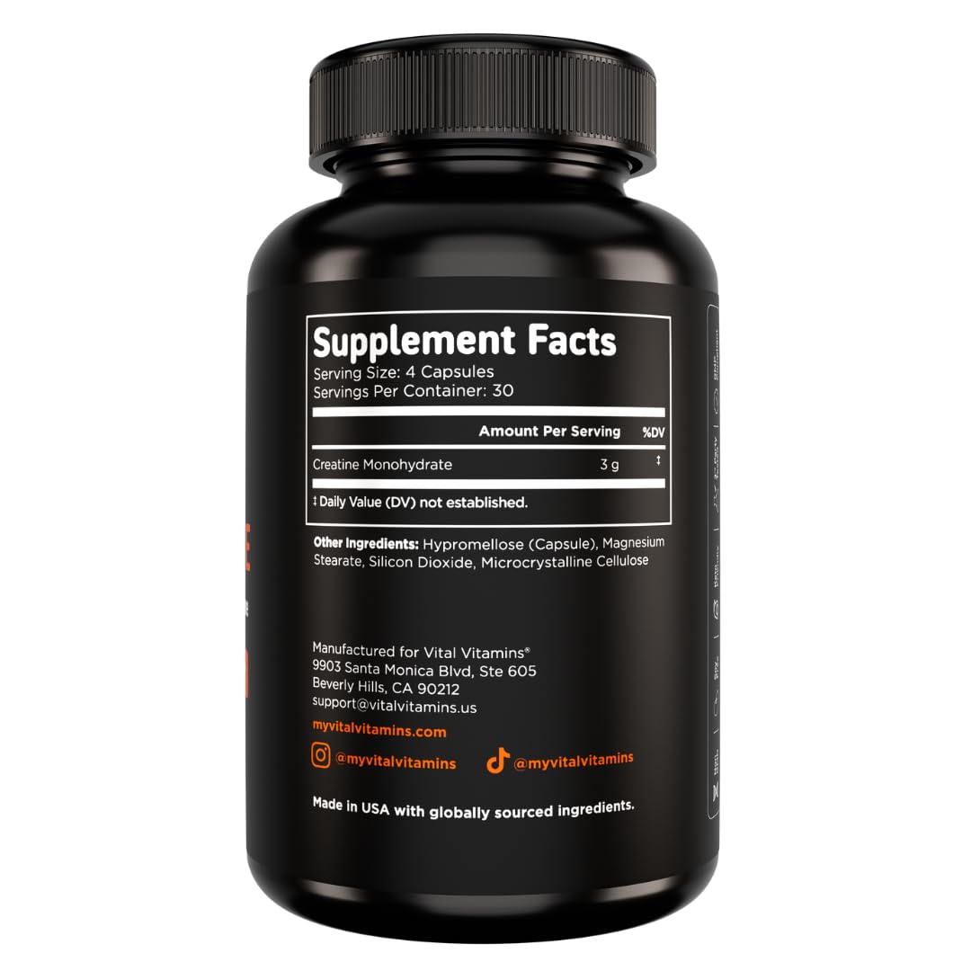 Vital Vitamins Creatine Monohydrate Pills for Women & Men - Micronized Creatine Capsules - Cognitive, Strength, Recovery Support - 3g (3000mg) per Serving - Vegan, Non-GMO, 120 Count Vital Vitamins Au supplements