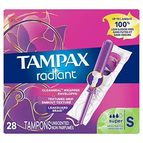 Tampax Radiant Tampons, Super Absorbency, With Leakguard Braid, Unscented, 28 Count Tampax Au supplements