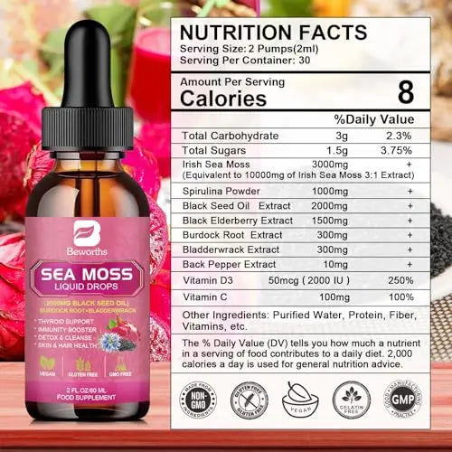3000mg Sea Moss Liquid Drops - Organic Black Seed Oil & Irish Sea Moss B BEWORTHS Au supplements