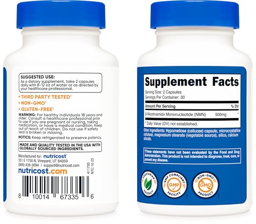 Nutricost NMN (Nicotinamide Mononucleotide) 500mg, 60 Capsules - Vegetarian Friendly, 30 Servings, Gluten Free, GMO Free Nutricost Au supplements