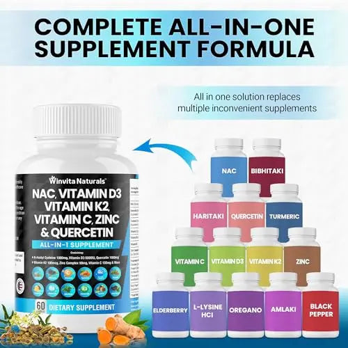 NAC Supplement N-Acetyl Cysteine 1000mg Vitamin C Vitamin D3 K2, Zinc, Turmeric Curcumin Winvita Naturals Au supplements