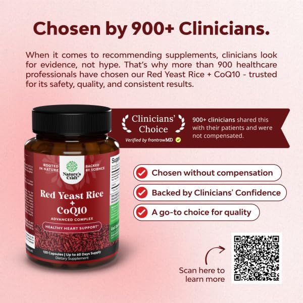 Natures Craft Red Yeast Rice with CoQ10 Supplement - Advanced Healthy Heart & Healthy Cholesterol Levels Formula for Men & Women - Red Yeast Rice Capsules with 1200 mg