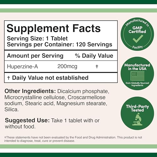 Huperzine A 200mcg (Third Party Tested) 120 Tablets, Brain Supplement to Promote Acetylcholine (Acetylcholinesterase Inhibitor) - Supports Memory and Focus by Double Wood Double Wood Supplements Au supplements