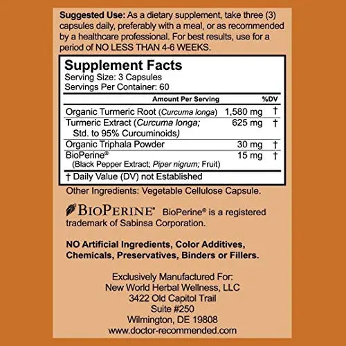Turmeric Curcumin - 2250mg/d - 95% Curcuminoids - 180 Veggie Caps with Black Pepper DOCTOR RECOMMENDED SUPPLEMENTS Au supplements