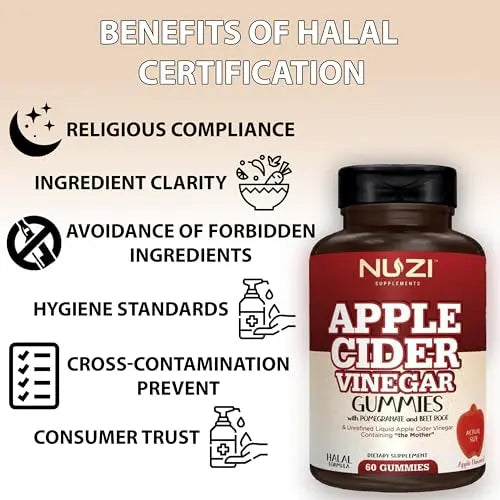 NUZI Apple Cider Vinegar Gummies with Pomegranate & Beetroot | 500 mg | Certified Halal NUZI Au supplements