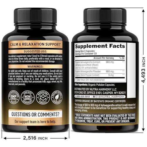 Ashwagandha Supplements 1800mg - USDA Organic Ashwagandha for Women & Men - Clinically Effective Strength for Stress Relief & Sleep - Powder & Root Extract 2.5% Withanolides - Made in USA 100 Capsules NUTRAHARMONY Au supplements