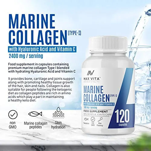 Marine Collagen Type 1 2400mg - 120 Capsules Supplement with Hyaluronic Acid and Vitamin C MAX VITA MAXIMUM VITALITY Au supplements