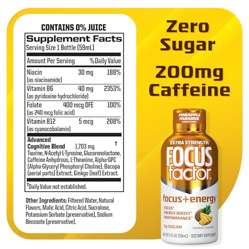 Focus Factor Extra Strength Focus + Energy Shots - 12 x 2oz Bottles (Pineapple Paradise Flavor) - Powered by Nootropics with Caffeine, L-Theanine, Ginkgo, Bacopa, L-Tyrosine, Alpha GPC Focus Factor Au supplements